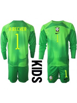 Billige Brasil Alisson Becker #1 Keeper Bortedraktsett Barn VM 2022 Langermet (+ Korte bukser)
